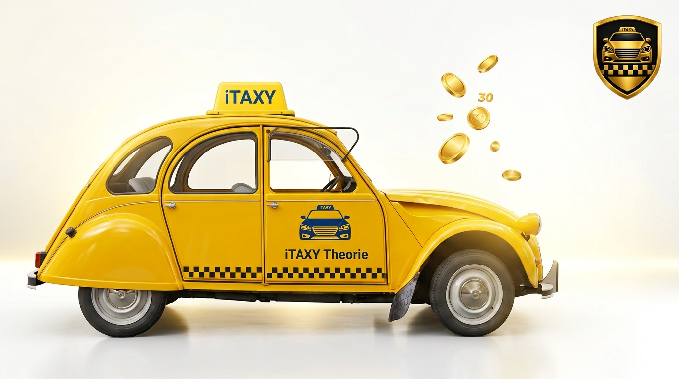 Gelbes iTAXY Taxi mit iTAXY-Dachschild und goldenen iCoins